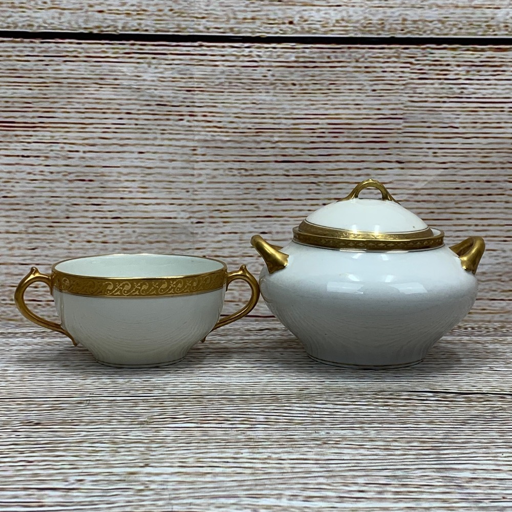 Vintage Limoges France Sugar Bowl‎ and Creamer Set Gold Trim White Porcelain